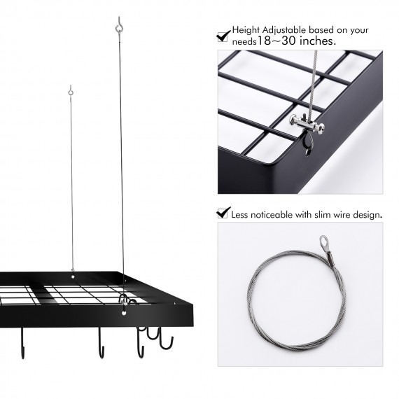 Kitchen 30 Inches Hanging Pot and Pan Rack with Ceiling & 15 Hooks, Matt Black KUR219S75-BK